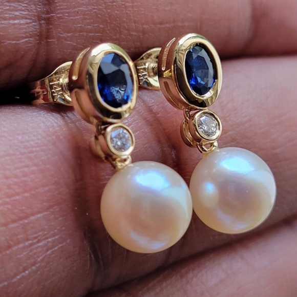 Zales Jewelry - 14kt Gold Sapphire Pearl Diamond Earrings